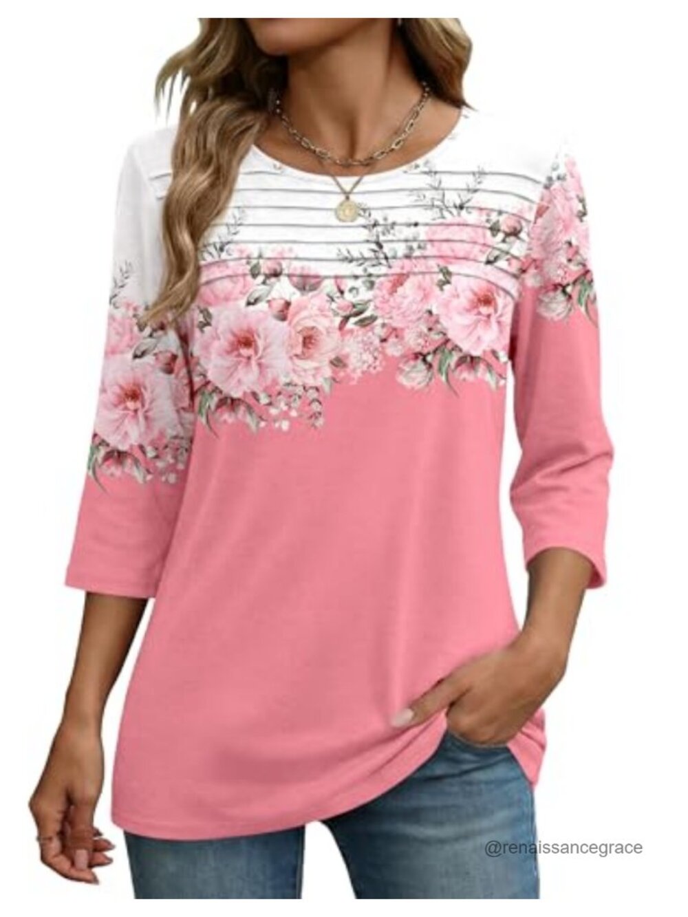 Women's 3/4 Sleeve Pleated Tunic Top Dressy Casual Blouse